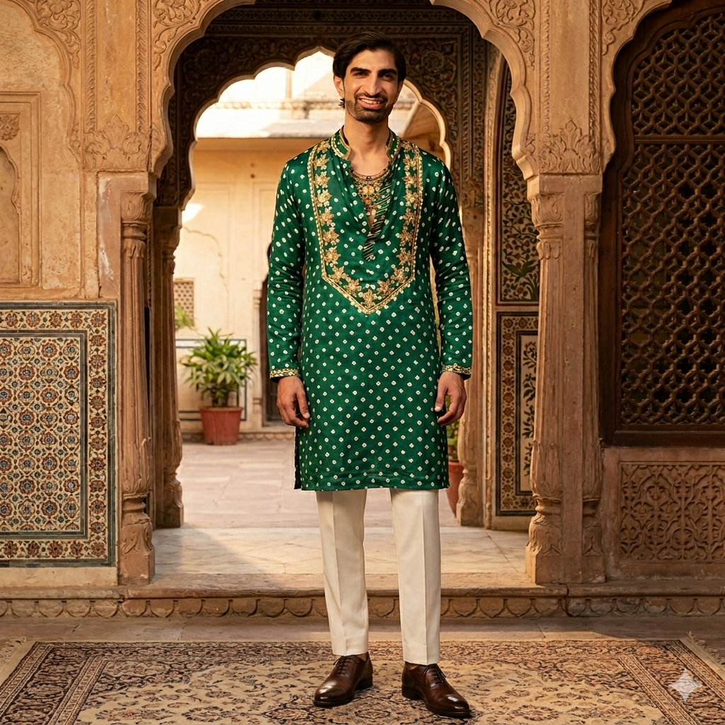 Bandhani Emerald Regal Handcrafted Kurta