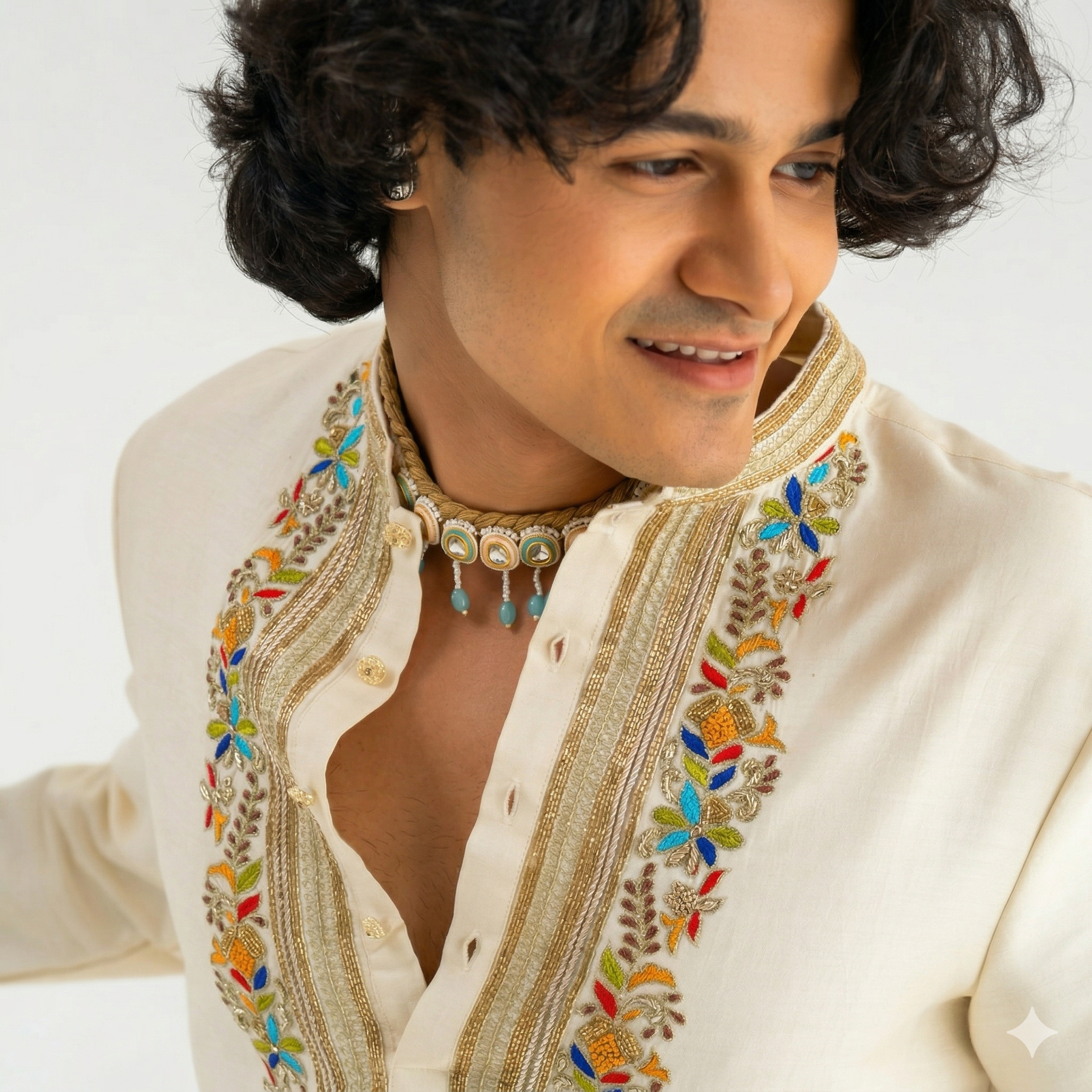 Ivory Hand-Embroidered Silk Kurta with Multicolored Resham Work