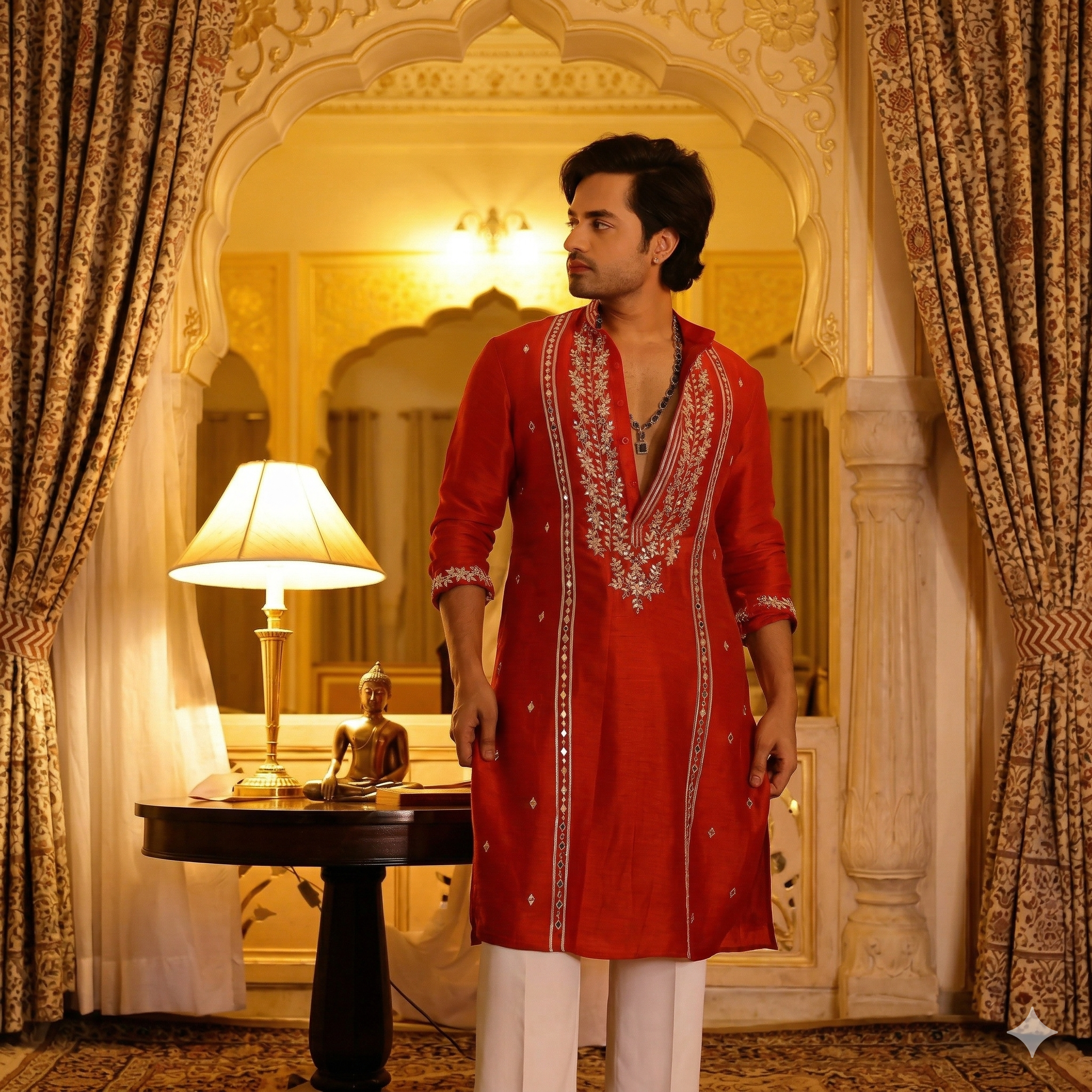 Red Regal Embroidered Kurta