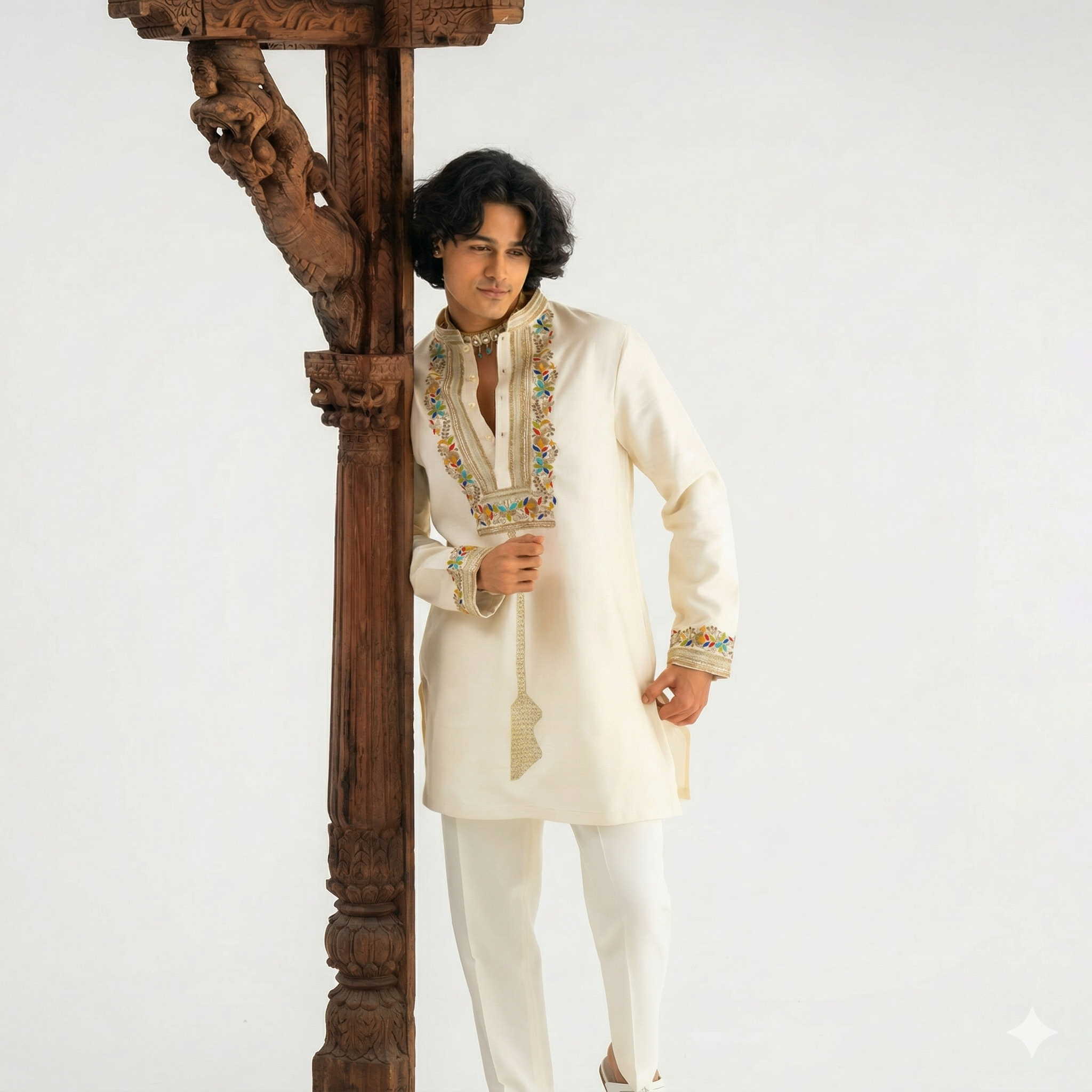 Ivory Hand-Embroidered Silk Kurta with Multicolored Resham Work