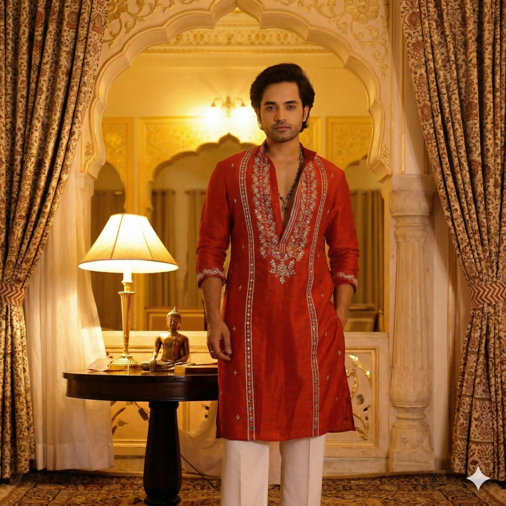 Red Regal Embroidered Kurta