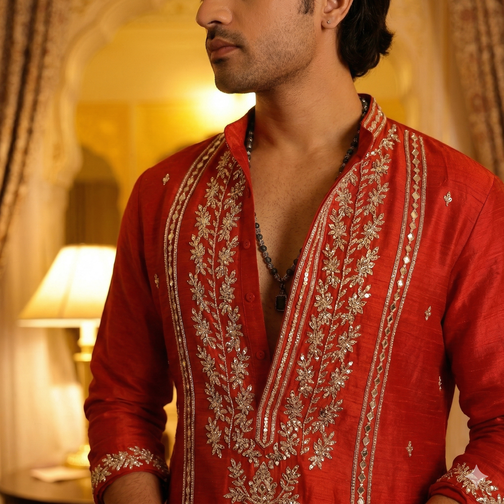 Red Regal Embroidered Kurta