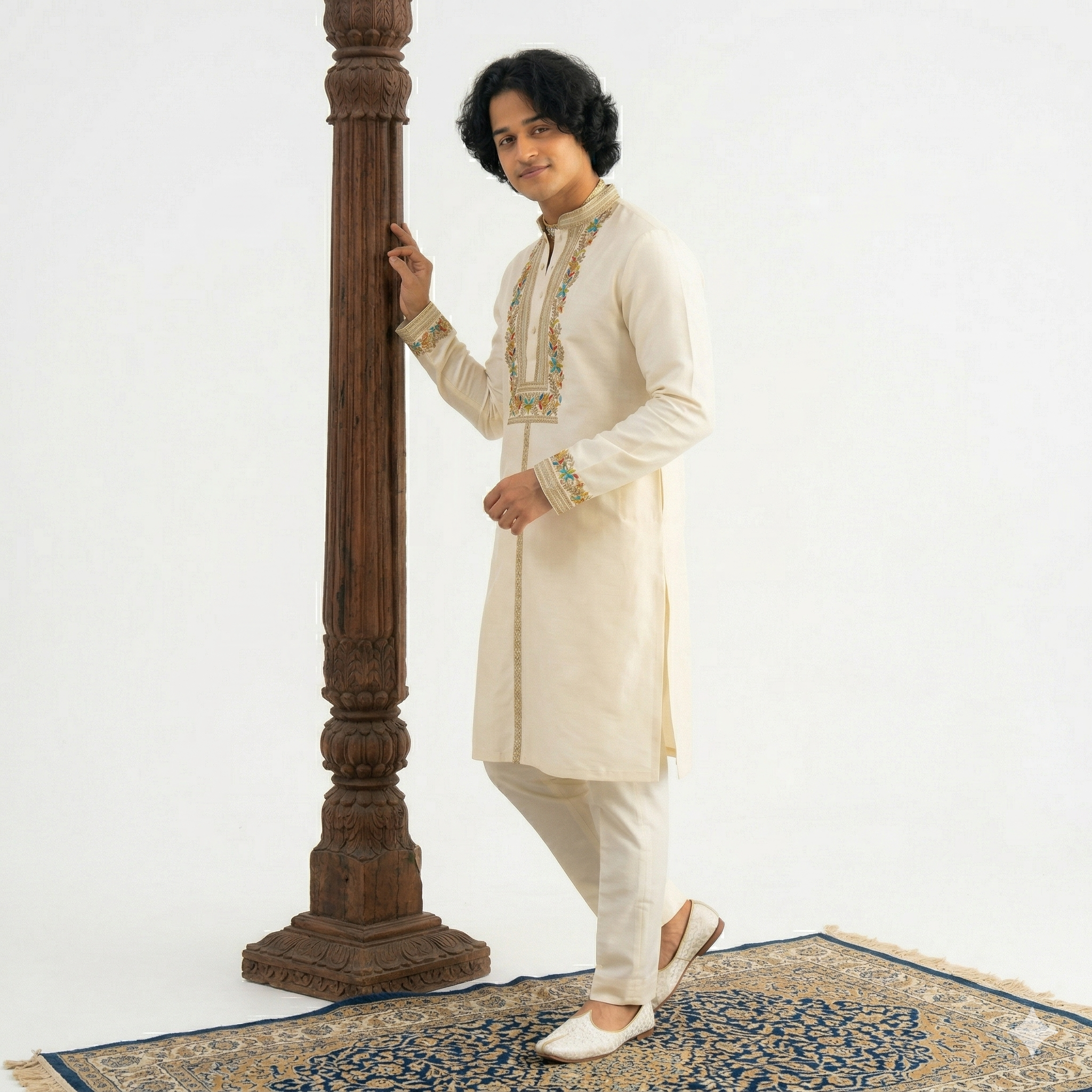 Ivory Hand-Embroidered Silk Kurta with Multicolored Resham Work
